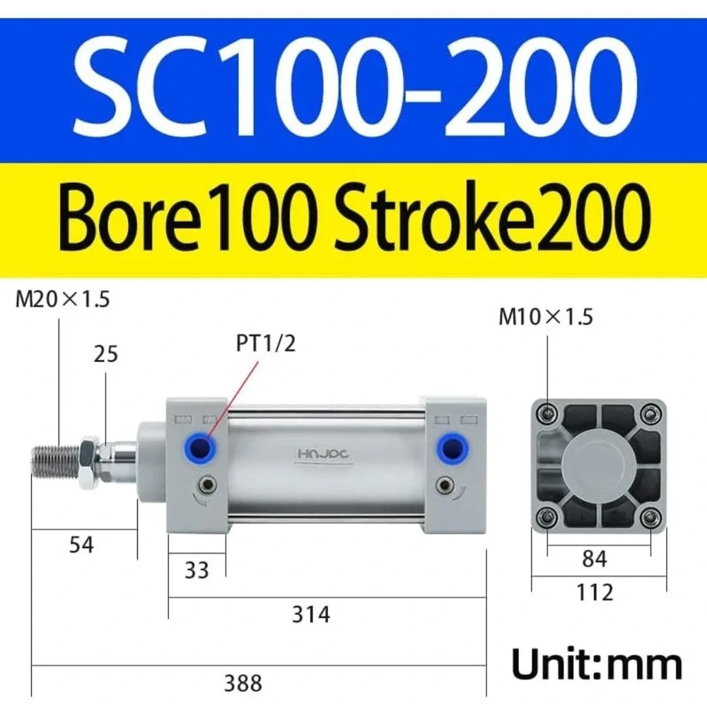 SC100-200 Pneumatic Air Cylinder 100mm Bore 200mm Stroke Double Acting Aluminum